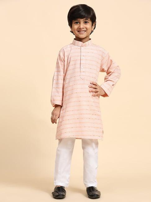 pro-ethic style developer kids light orange & white embellished full sleeves kurta with pyjamas
