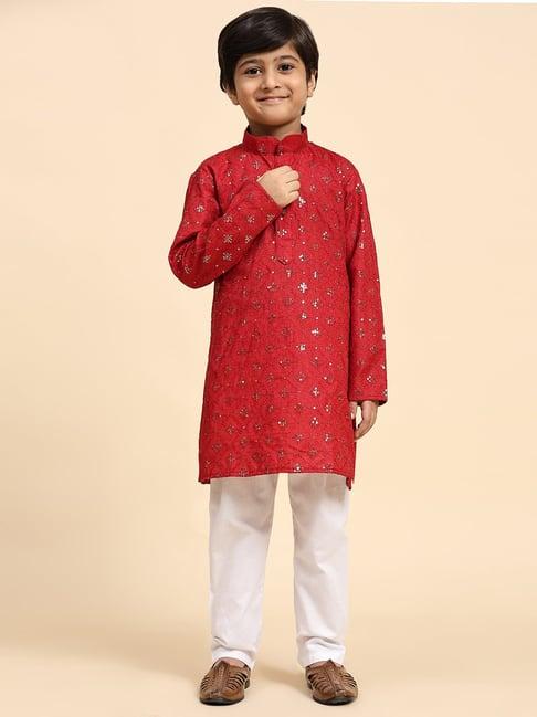 pro-ethic style developer kids maroon & white embellished full sleeves kurta with pyjamas