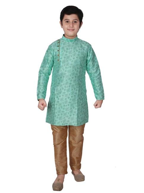 pro-ethic style developer kids mint green & brown printed full sleeves kurta with churidar