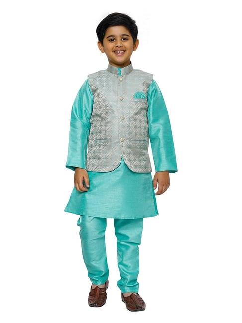 pro-ethic style developer kids mint green & grey printed full sleeves kurta, waistcoat with pyjamas