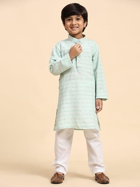 pro-ethic style developer kids mint green & white embellished full sleeves kurta with pyjamas