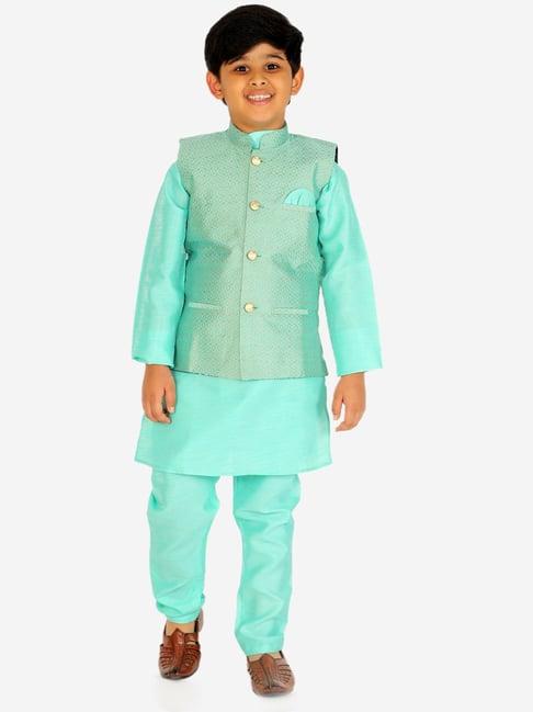 pro-ethic style developer kids mint green printed full sleeves kurta, waistcoat with pyjamas