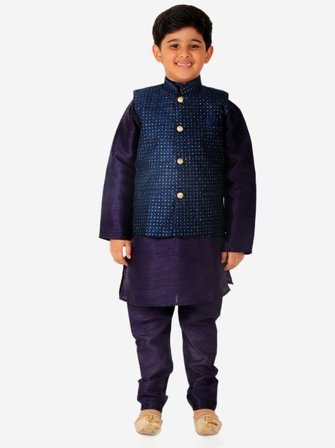 pro-ethic style developer kids navy & teal printed full sleeves kurta, waistcoat with pyjamas