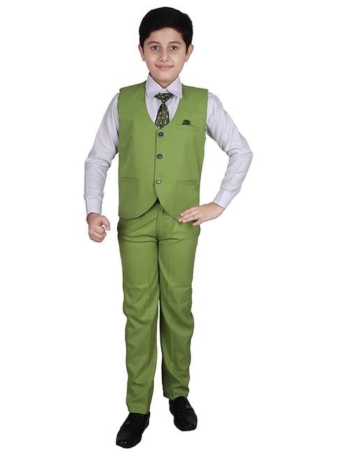 pro-ethic style developer kids olive & white solid full sleeves shirt, waistcoat, pants with tie