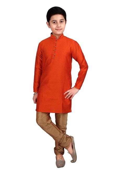 pro-ethic style developer kids orange & brown printed full sleeves kurta with pyjamas