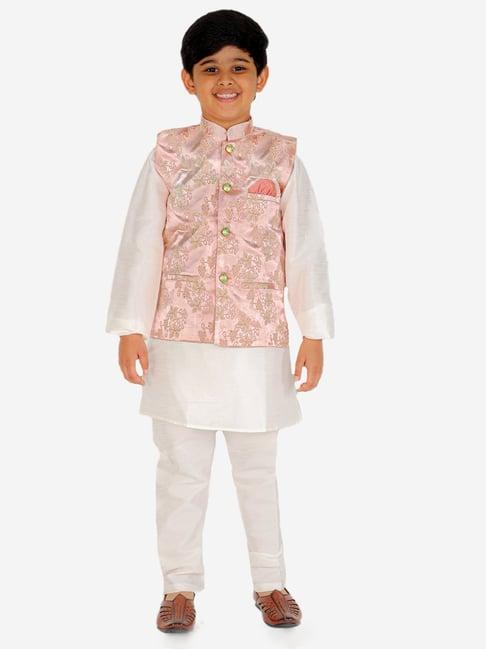 pro-ethic style developer kids peach & white floral full sleeves kurta, waistcoat with pyjamas