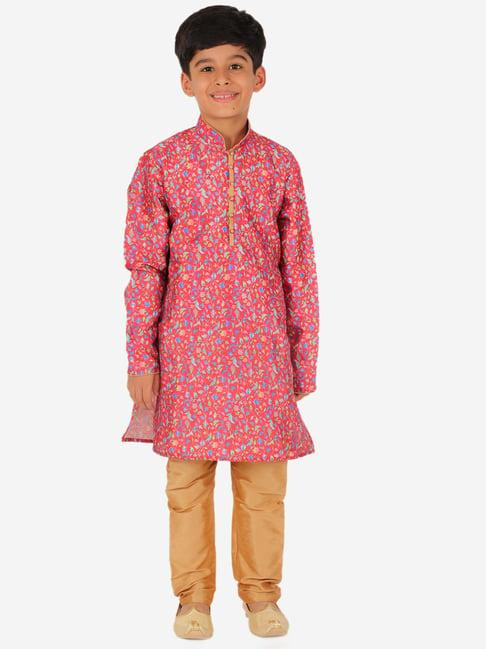 pro-ethic style developer kids red & beige floral full sleeves kurta with pyjamas