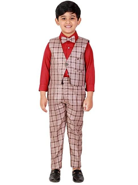 pro-ethic style developer kids red & dusty pink checks full sleeves shirt, waistcoat, pants with bow