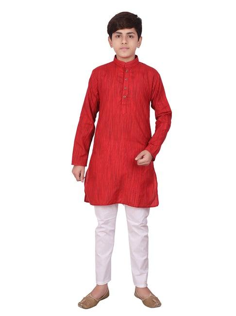 pro-ethic style developer kids red & white solid full sleeves kurta with pyjamas