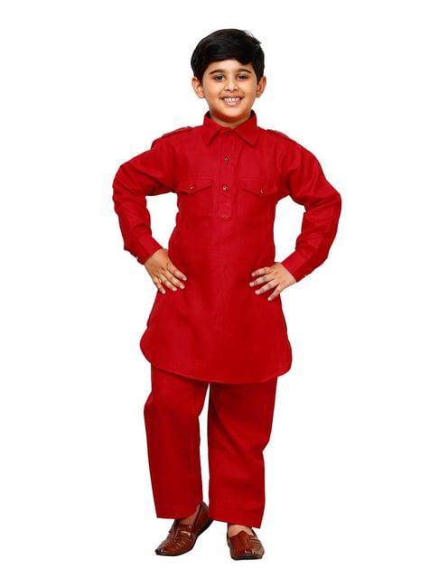 pro-ethic style developer kids red solid full sleeves pathani kurta with pyjamas