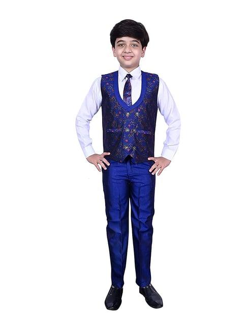 pro-ethic style developer kids royal blue & white floral full sleeves shirt, waistcoat, pants with tie