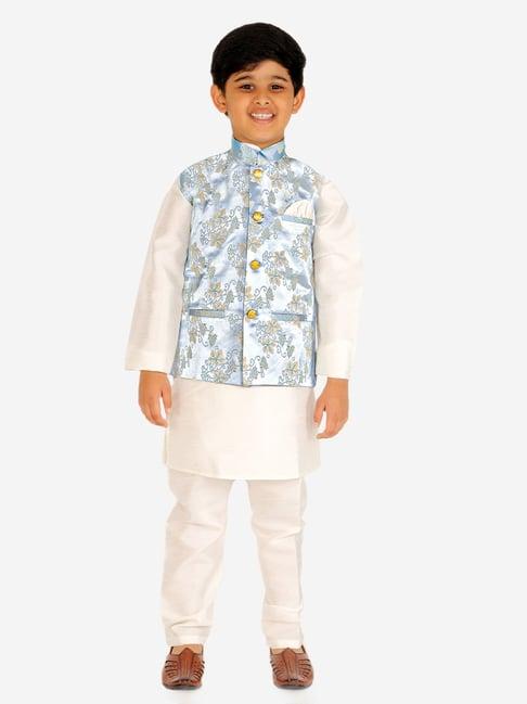 pro-ethic style developer kids sky blue & white floral full sleeves kurta, waistcoat with pyjamas