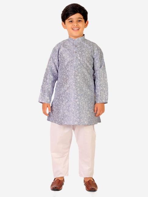 pro-ethic style developer kids sky blue & white floral print full sleeves kurta with pyjamas