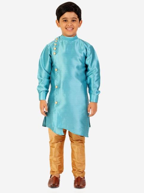 pro-ethic style developer kids turquoise & beige solid full sleeves kurta with pyjamas