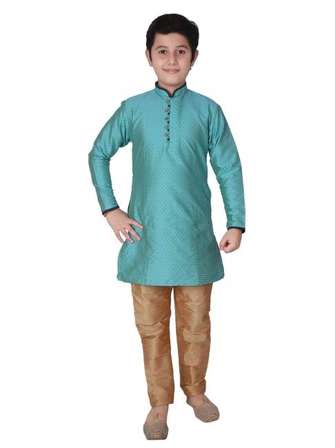 pro-ethic style developer kids turquoise & brown self full sleeves kurta with pyjamas