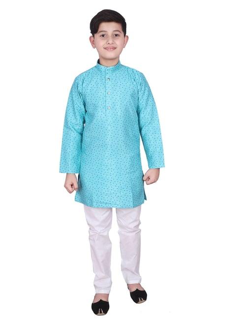 pro-ethic style developer kids turquoise & white printed full sleeves kurta with pyjamas