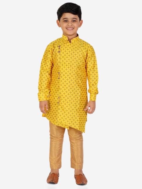pro-ethic style developer kids yellow & beige printed full sleeves kurta with pyjamas