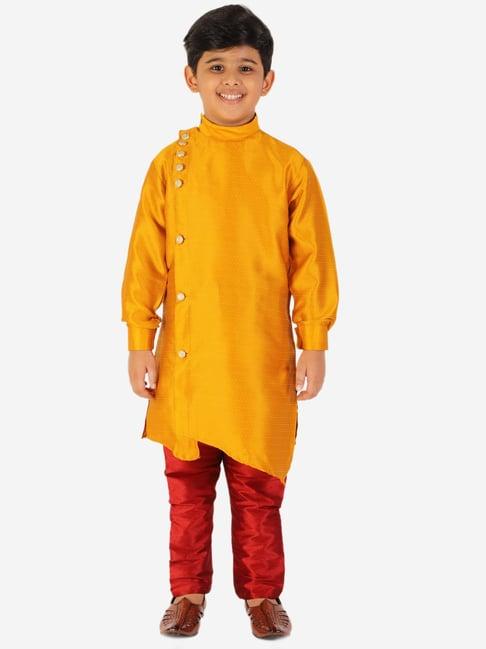 pro-ethic style developer kids yellow & red solid full sleeves kurta with pyjamas