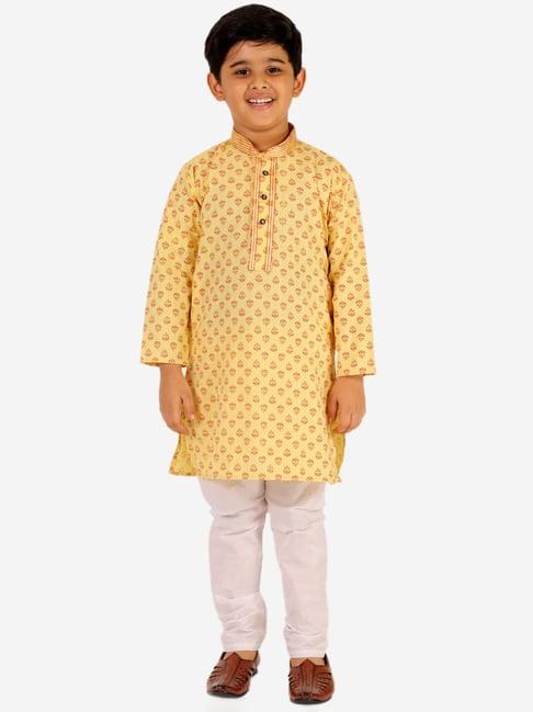 pro-ethic style developer kids yellow & white printed full sleeves kurta with pyjamas