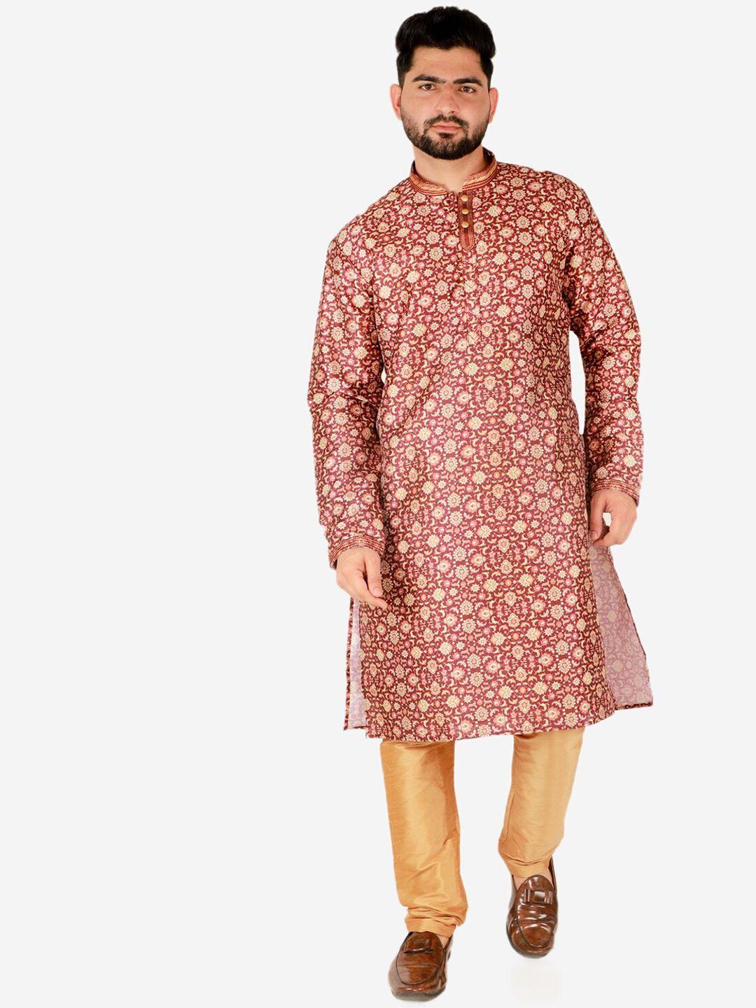 pro-ethic style developer men maroon floral printed pure silk kurta with pyjamas