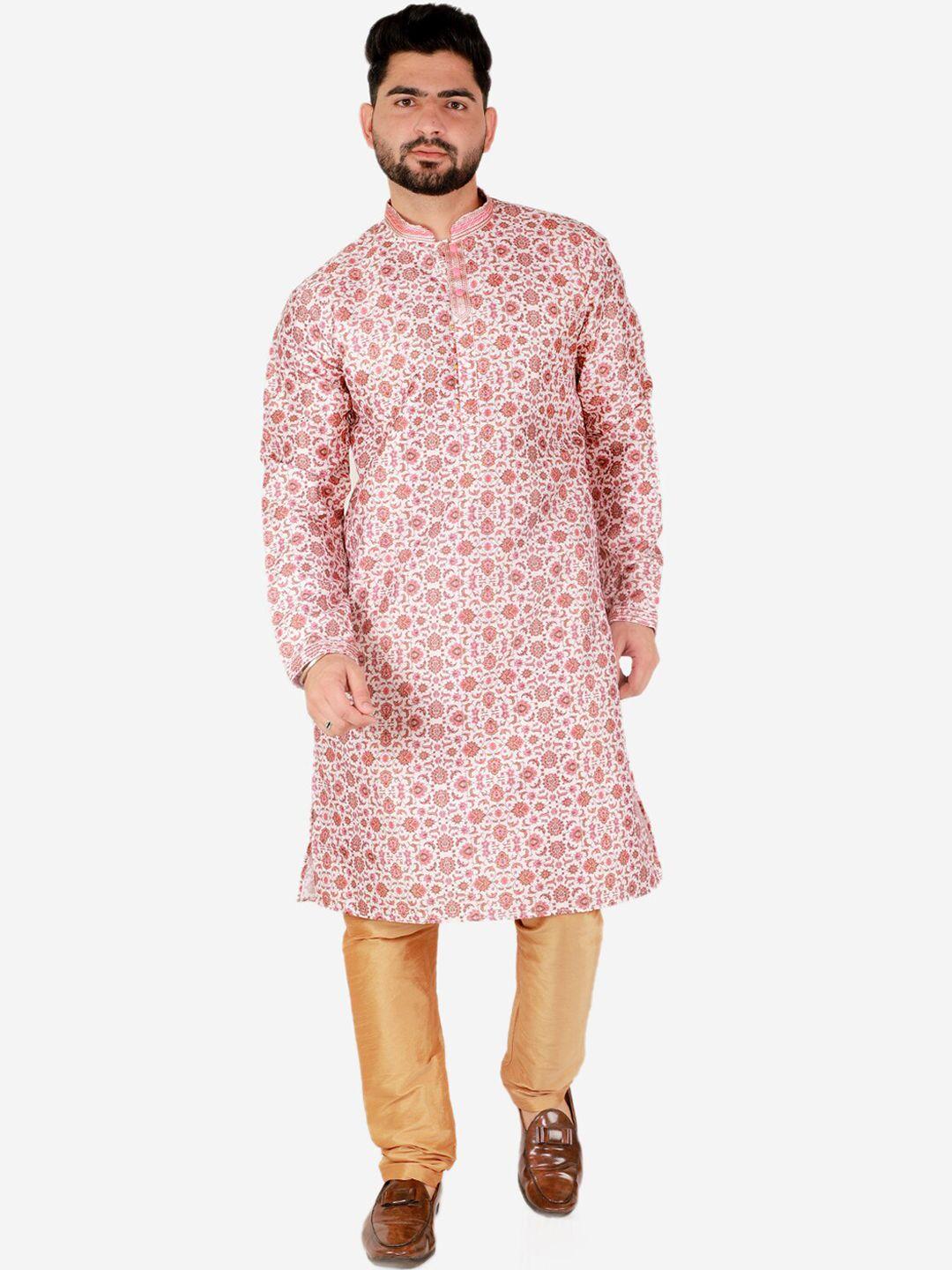 pro-ethic style developer men peach-coloured floral printed pure silk kurta with pyjamas
