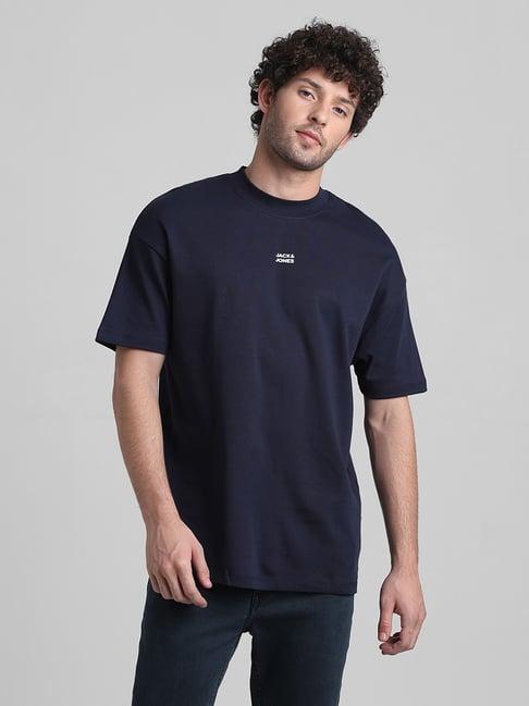 produkt by jack & jones dark blue cotton boxy fit printed t-shirt