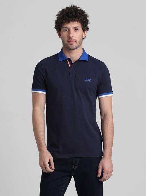 produkt by jack & jones navy blue cotton slim fit polo t-shirt