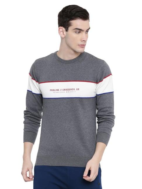 proline grey cotton regular fit striped sweater