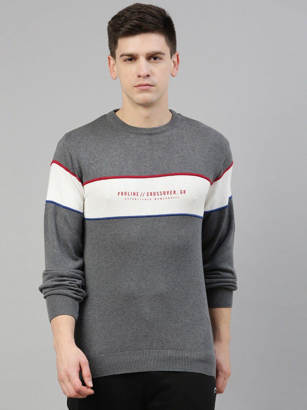 proline active men grey & off white colourblocked pullover