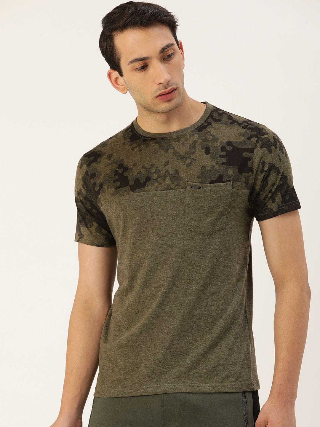 proline active men olive green & black camouflage placement printed round neck t-shirt