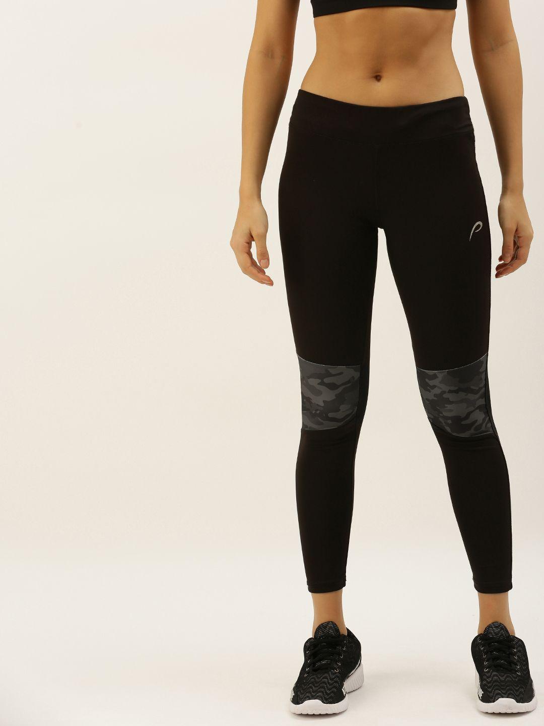 proline active women black & grey performance fit solid cropped tights with printed detail