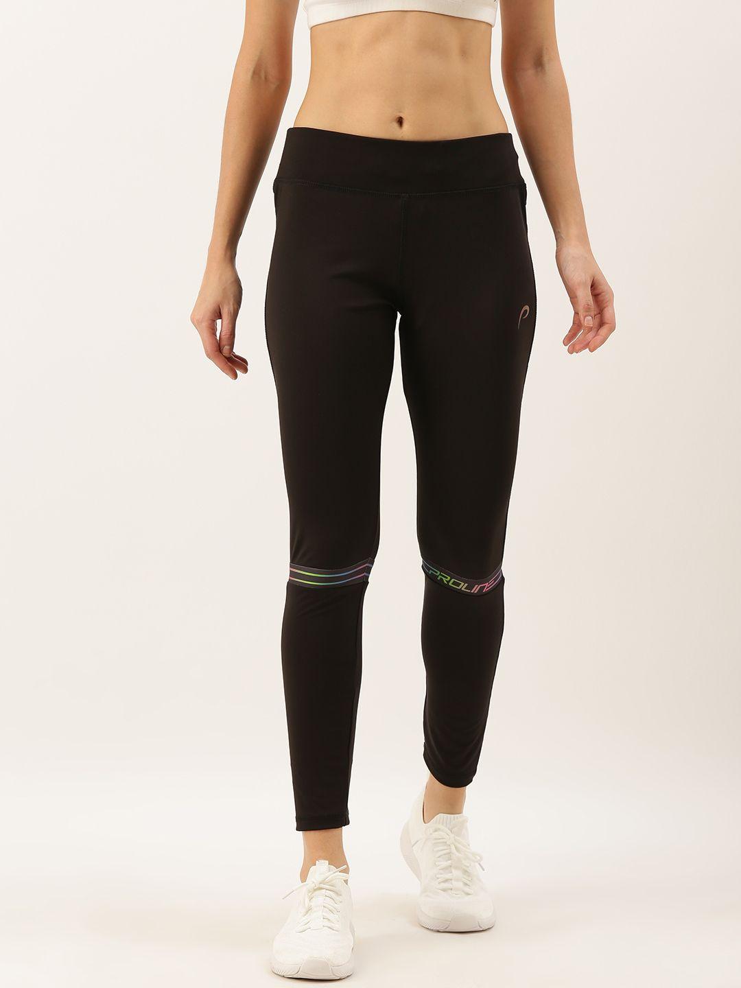 proline active women black solid performance fit cropped tights with print detail