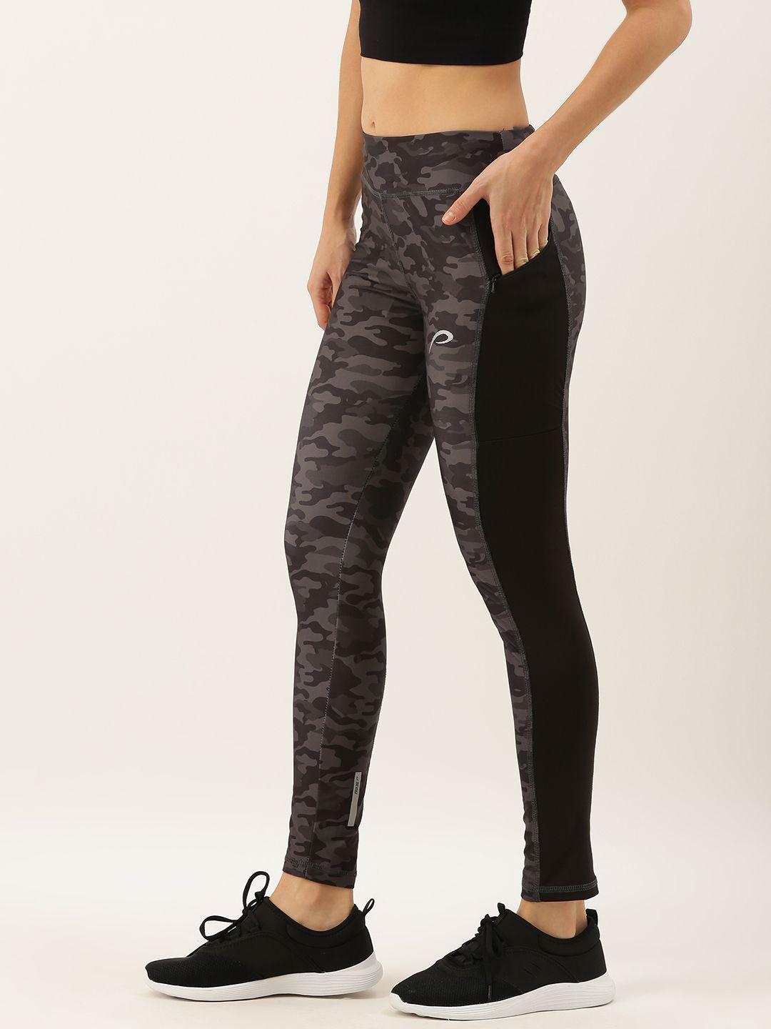 proline active women grey & black camouflage printed performance fit cropped tights