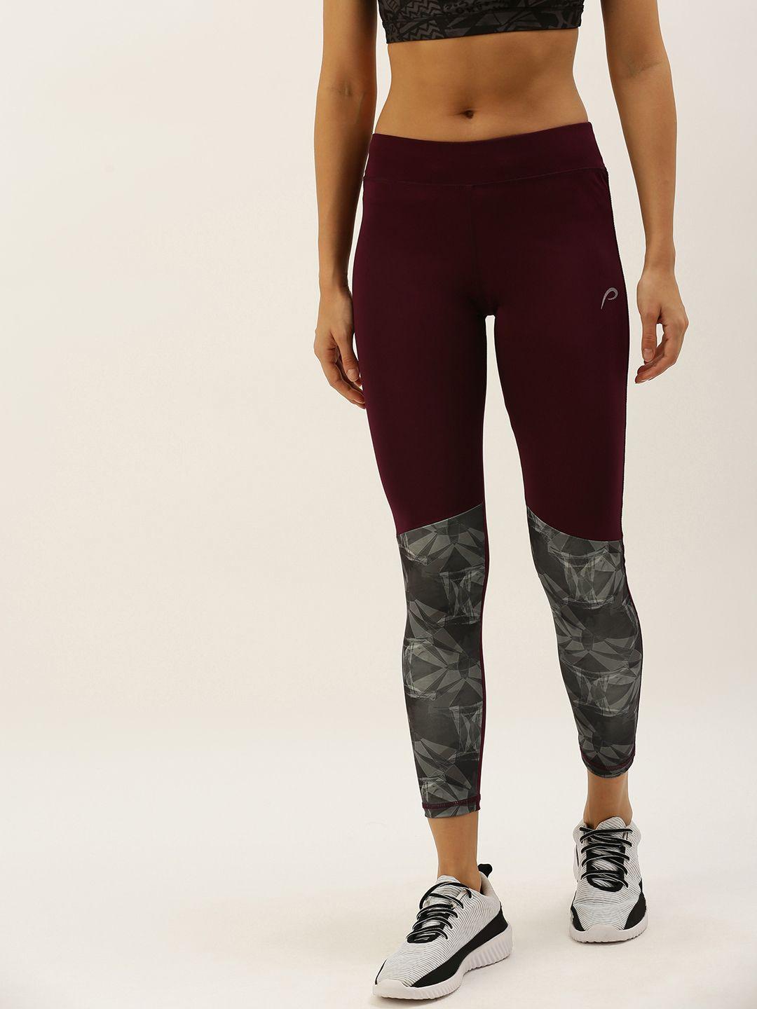 proline active women maroon & grey performance fit colourblocked cropped tights