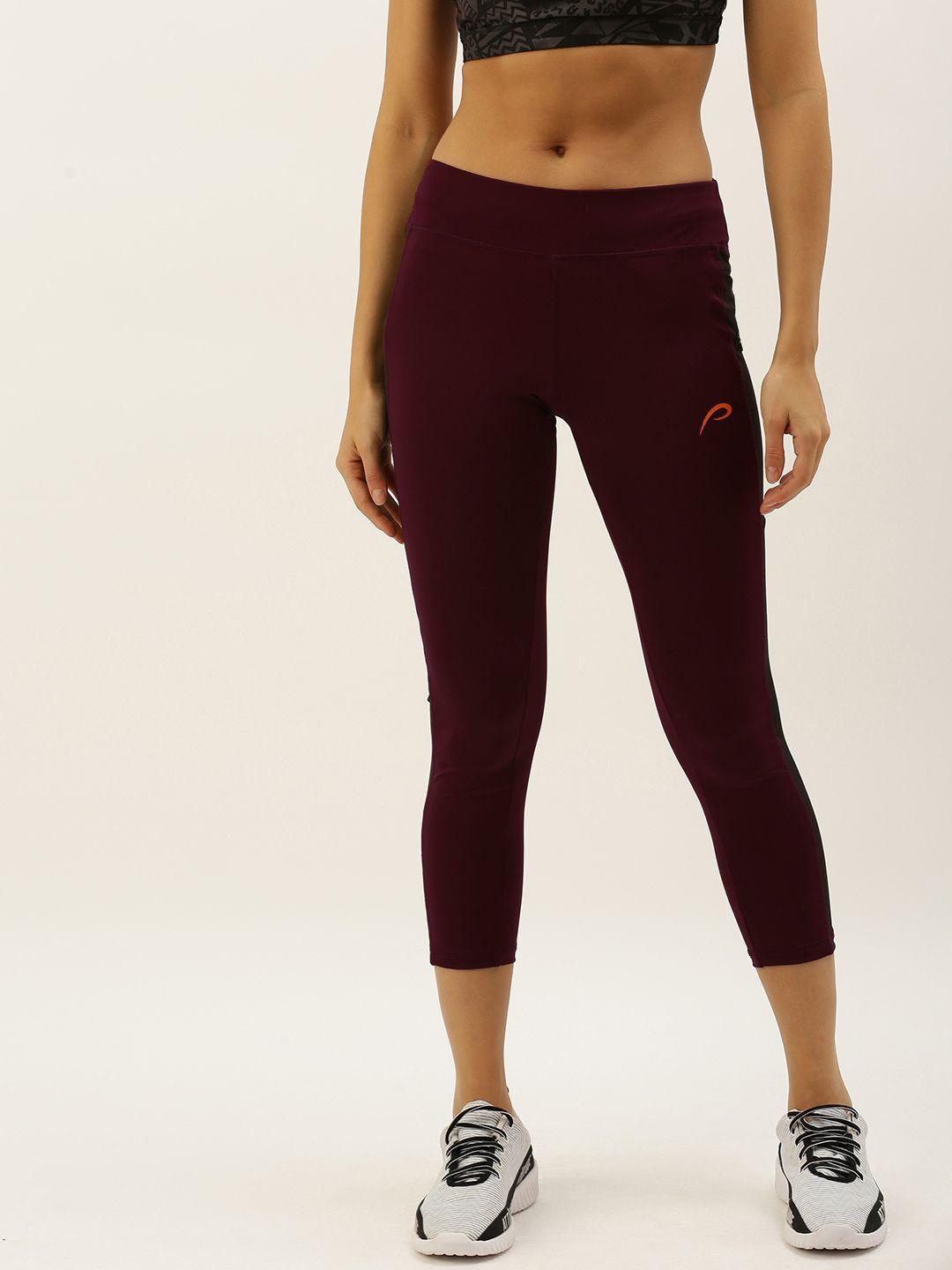 proline active women maroon performance fit solid 3/4th tights with side stripes