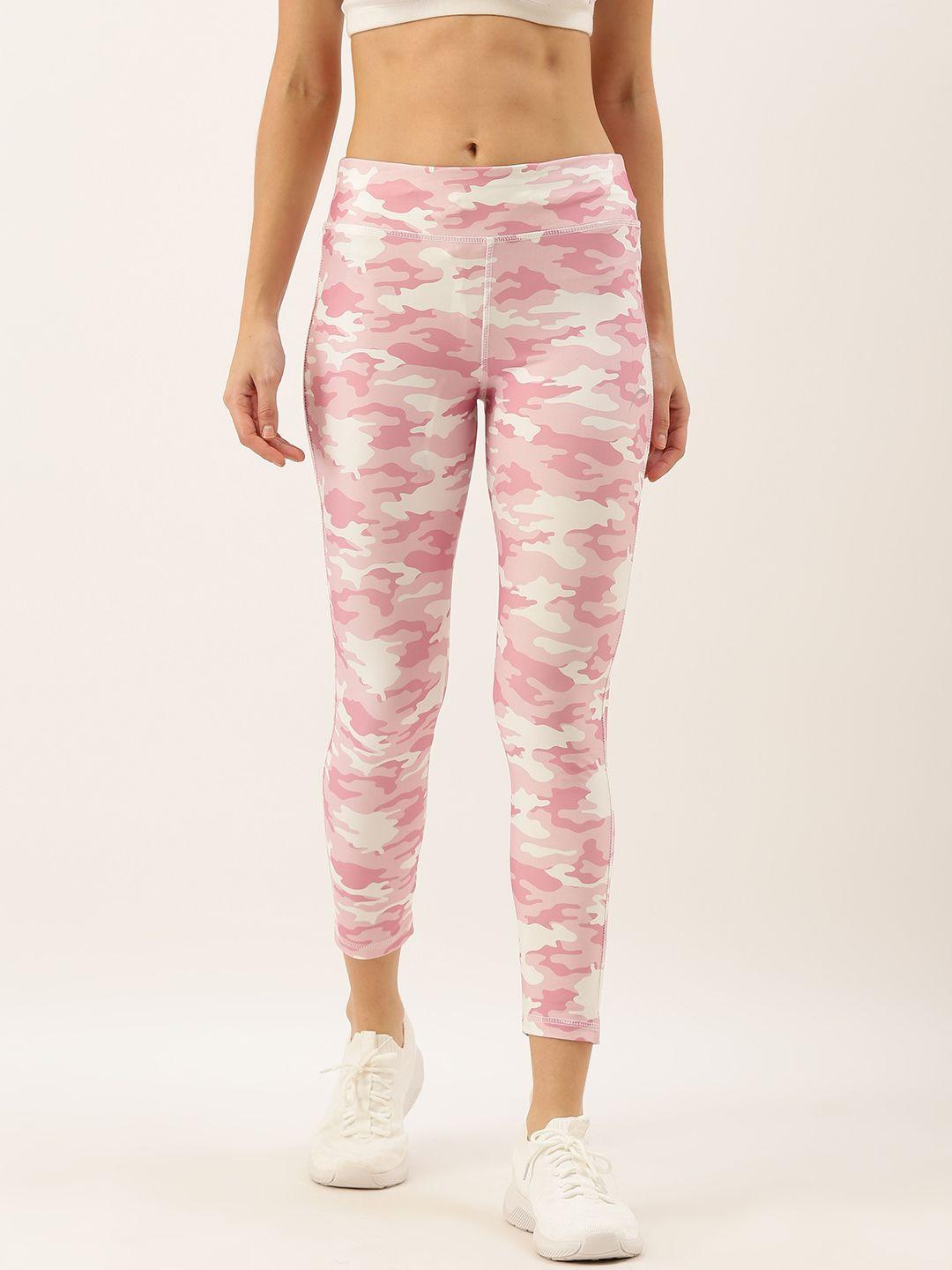 proline active women pink & off-white camouflage printed performance fit cropped tights