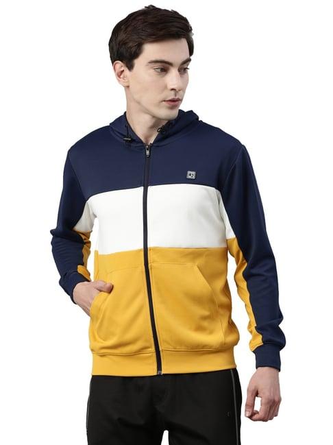proline navy & yellow regular fit colour block hooded sweatshirt