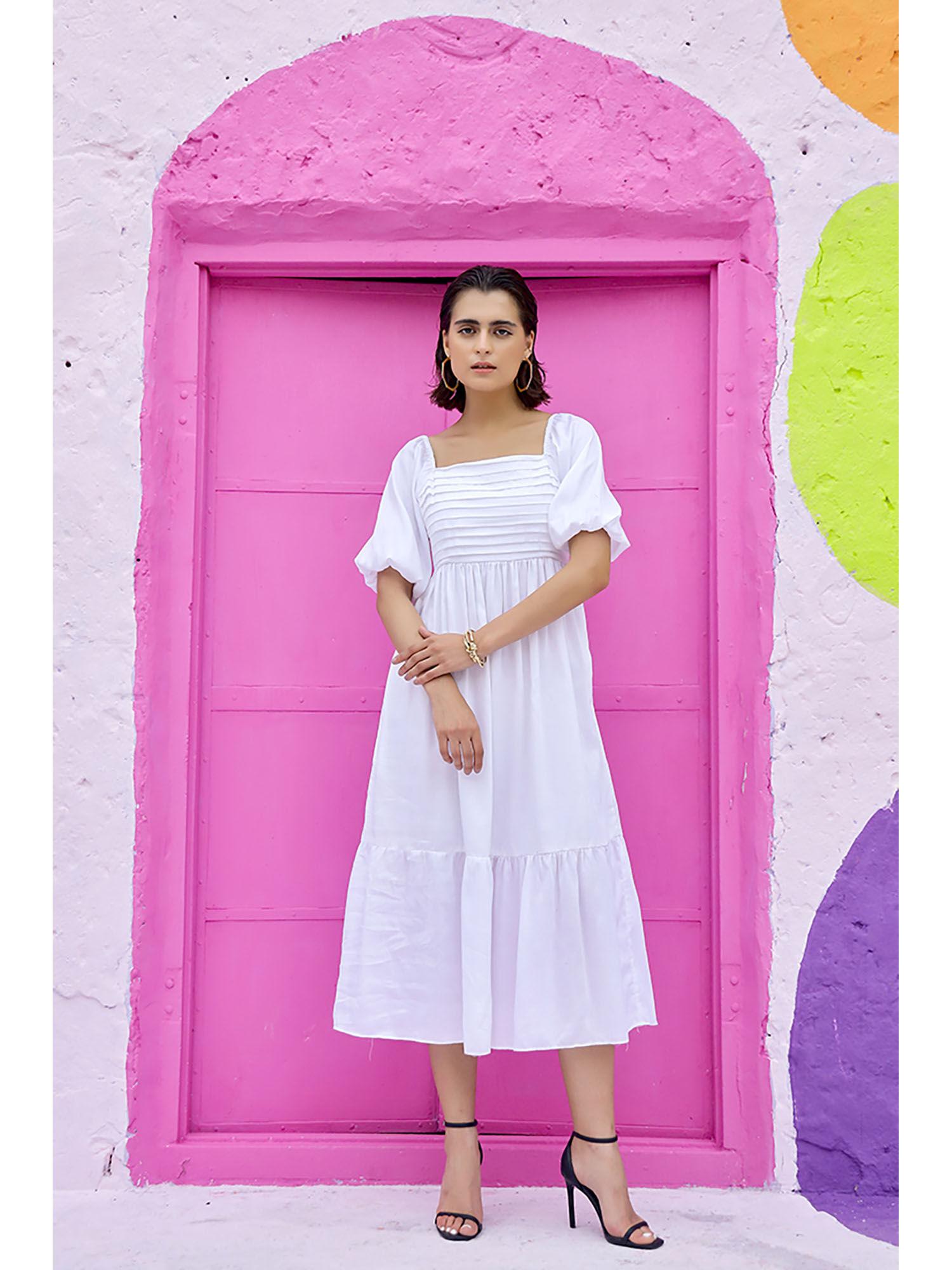 promilla pleated plans white midi dress