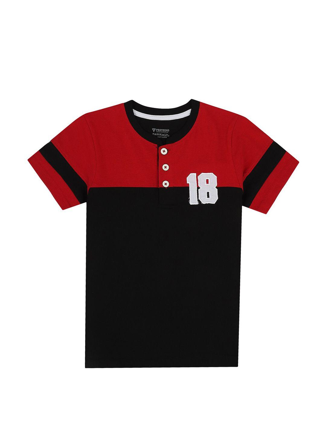 proteens boys black & red colourblocked henley neck cotton t-shirt