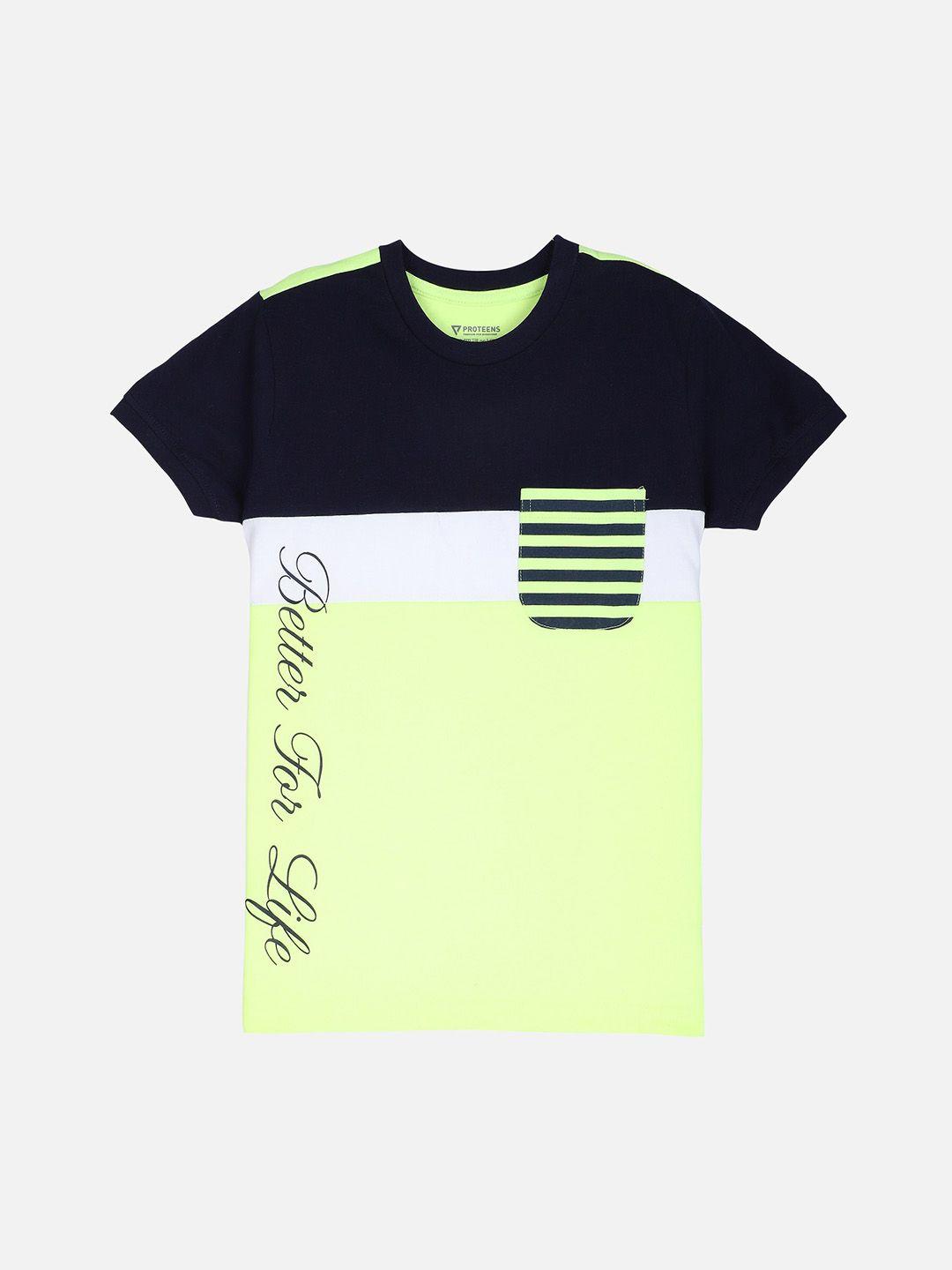 proteens boys fluorescent green & navy blue colourblocked t-shirt