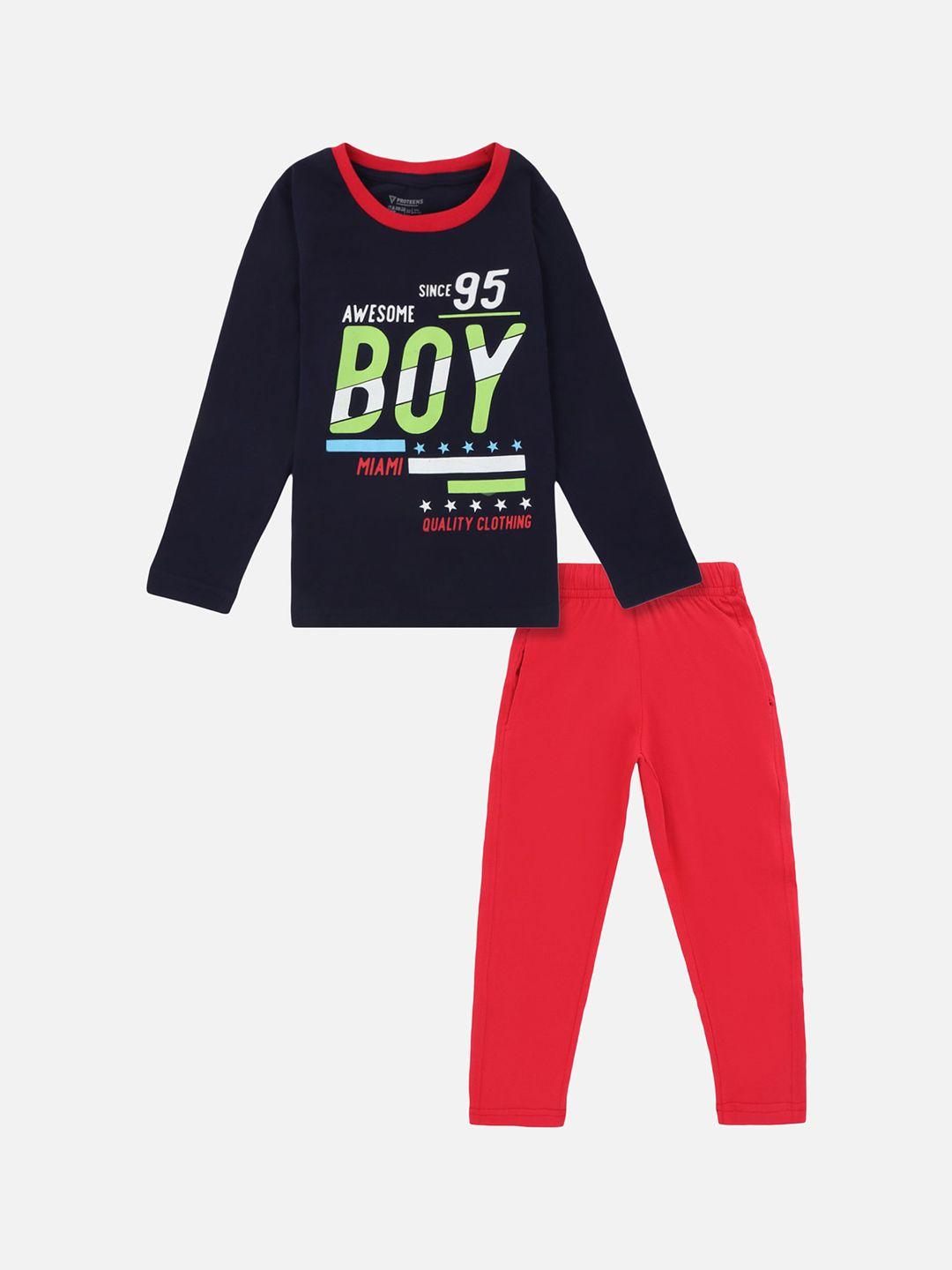 proteens boys navy blue & red printed cotton blend night suit