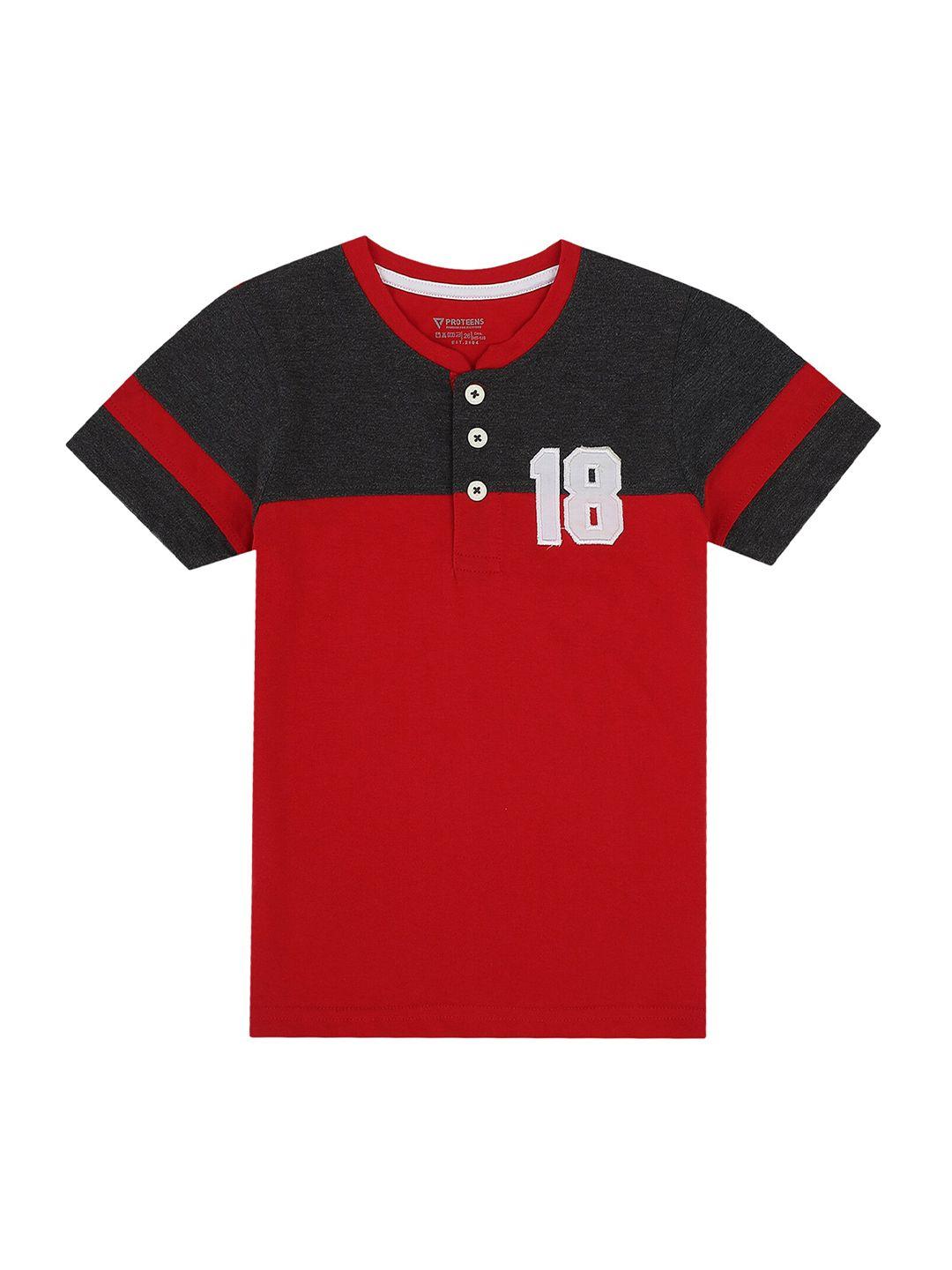 proteens boys red & black colourblocked henley neck cotton t-shirt