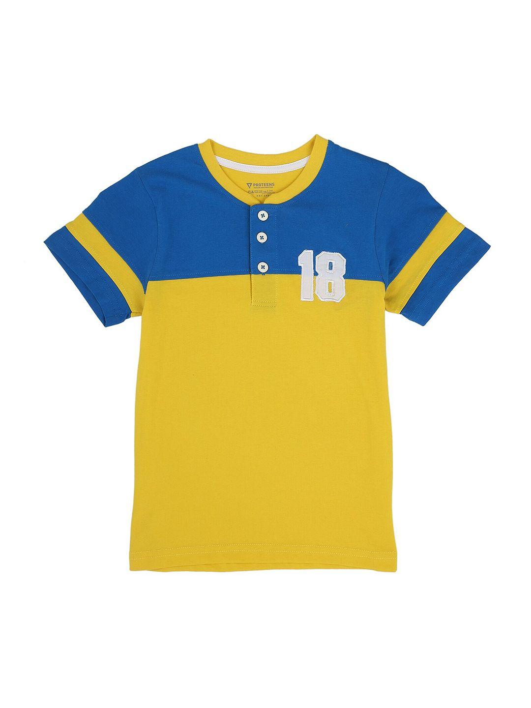 proteens boys yellow & blue colourblocked cotton henley neck t-shirt