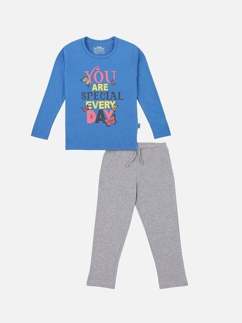 proteens kids blue & grey printed full sleeves t-shirt with pants