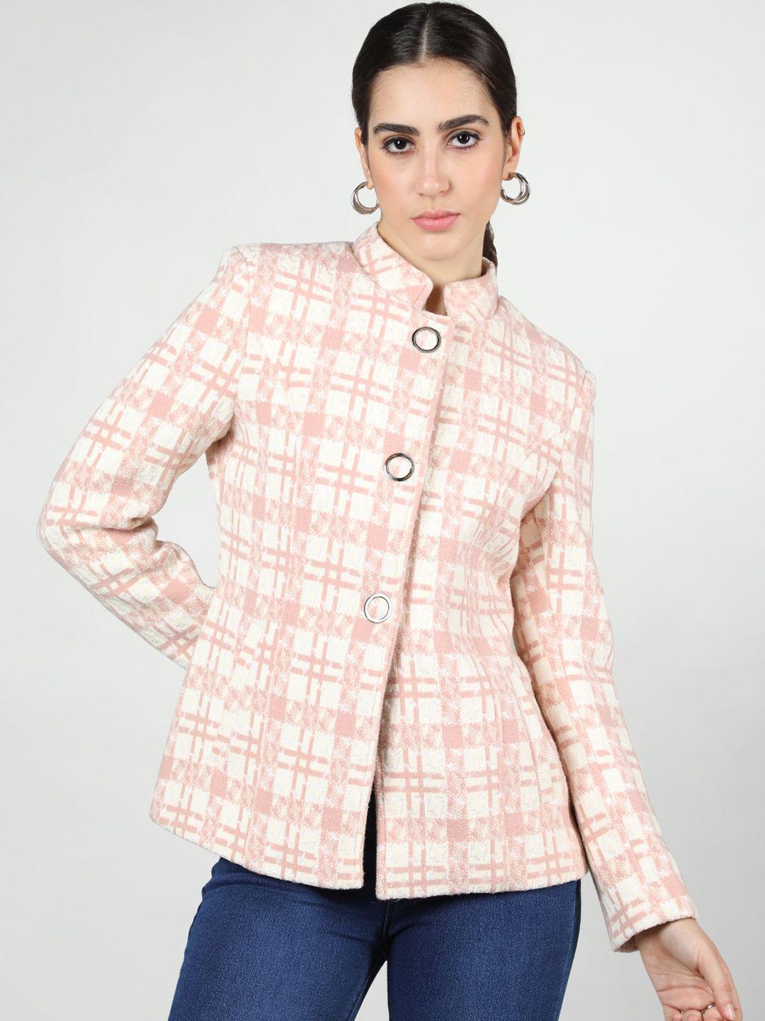 protex checked mandarin collar woolen stylish coat