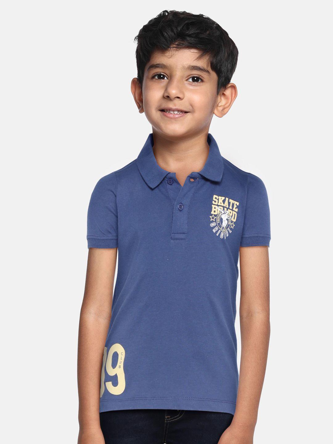provogue boys navy blue & yellow typography printed polo collar pure cotton t-shirt