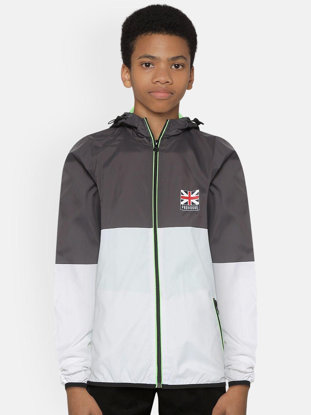 provogue boys white & charcoal grey colourblocked hooded sporty jacket