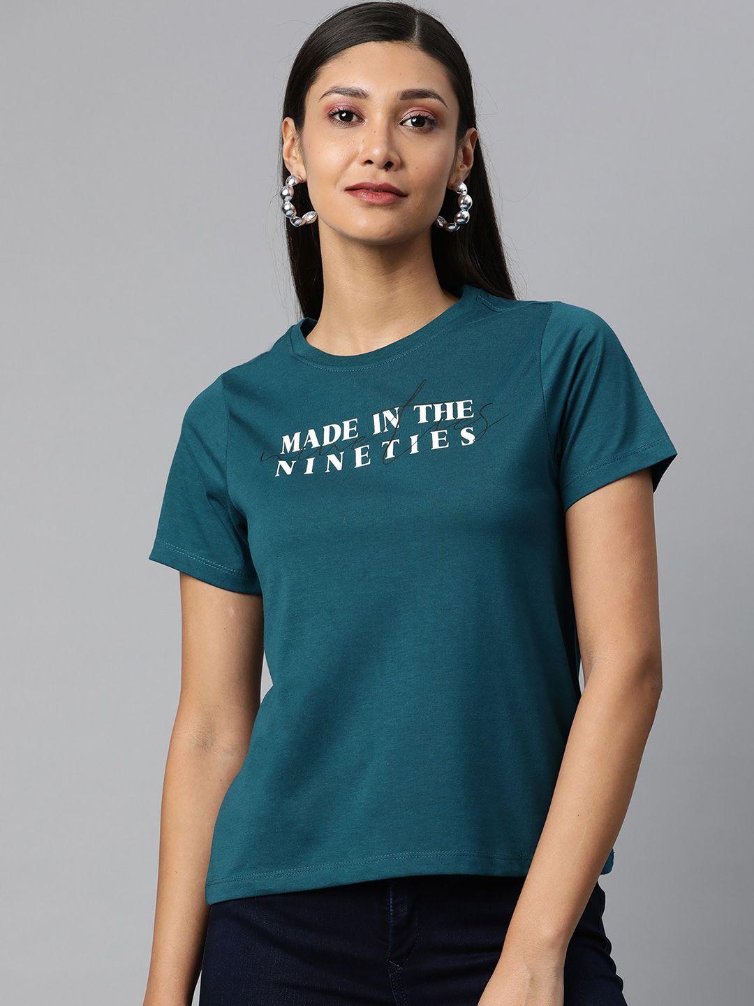 provogue women teal green & white typography printed t-shirt