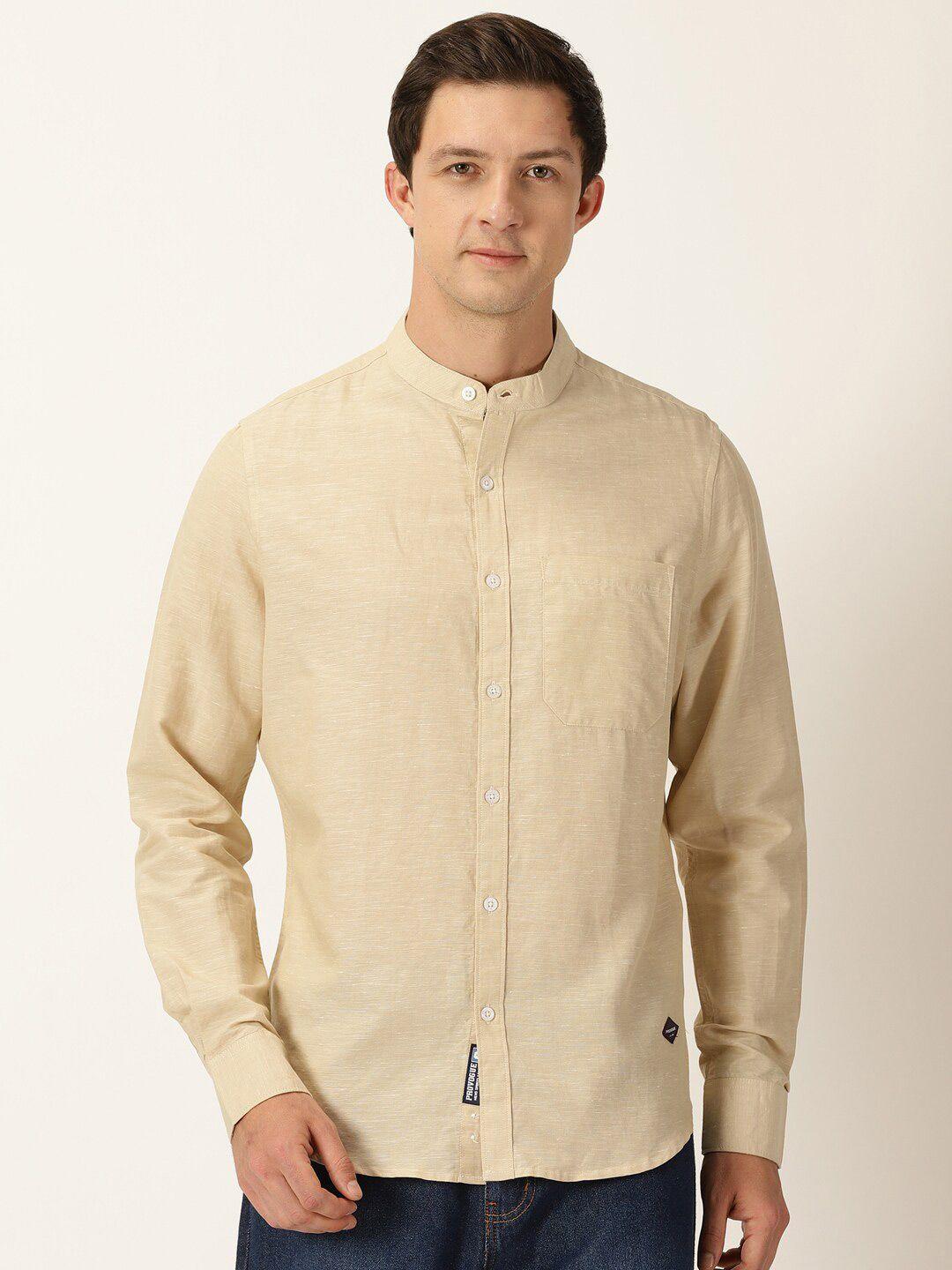 provogue classic slim fit band collar long sleeve cotton & linen casual shirt