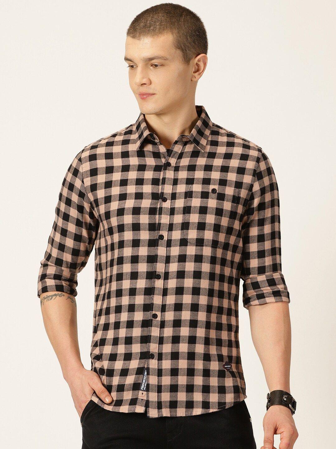 provogue classic slim fit buffalo checked spread collar pocket cotton casual shirt